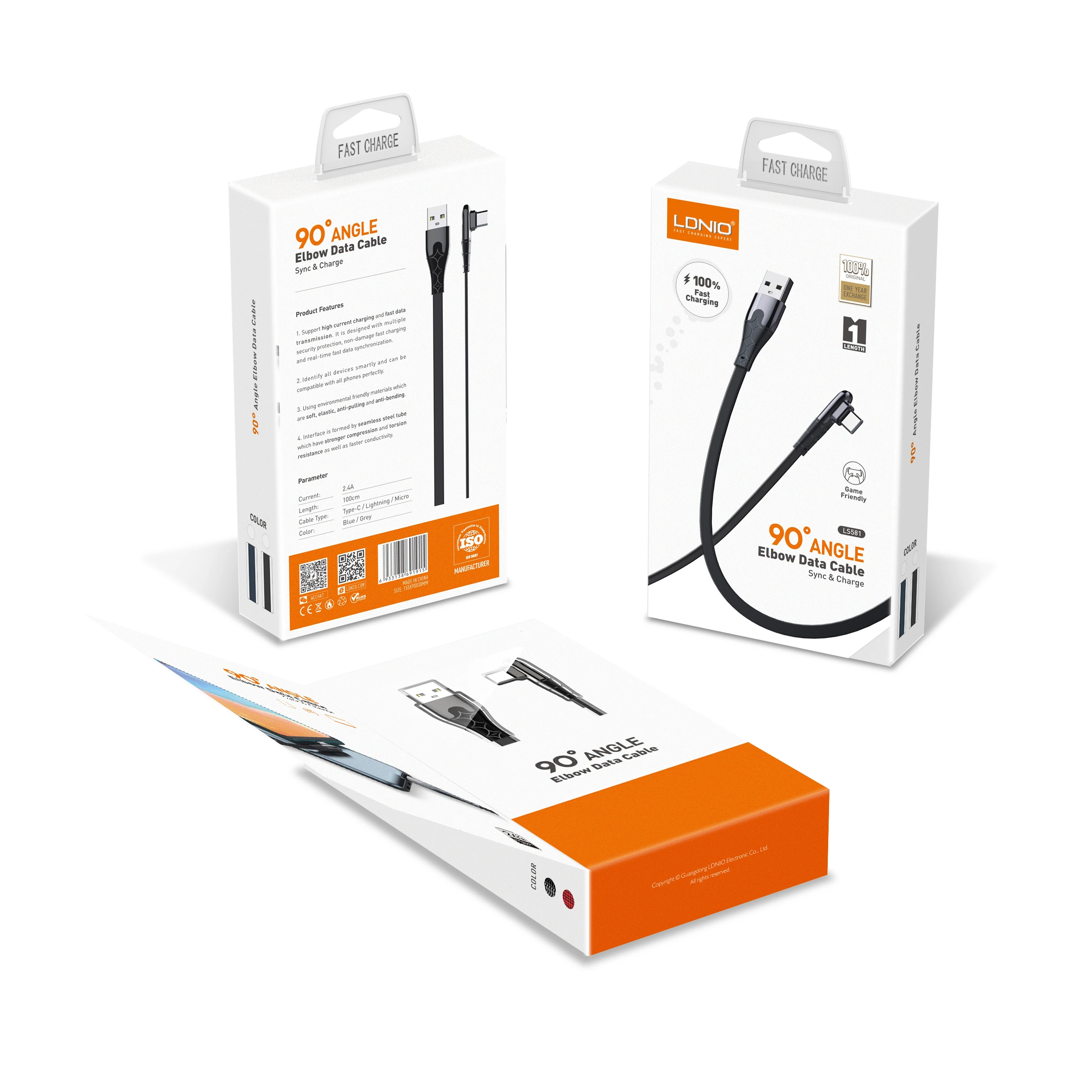 LDNIO LS582 1M 2M Micro Type c Cable 90 Degree Fast Charging Cable 