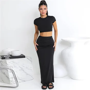 DK K23S26949 new summer fashion loungewear solid short sleeve crop top and long skirt casual elegant 2 piece set women  clothes