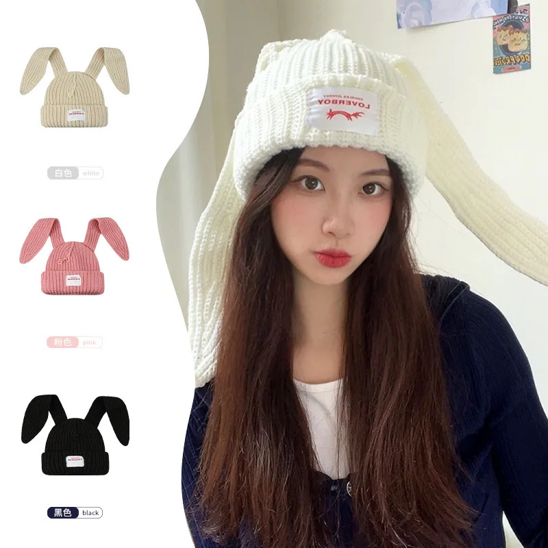 Knit Beanie Hat with Cute Bunny Long Ears - Warm Winter Cap display picture 2