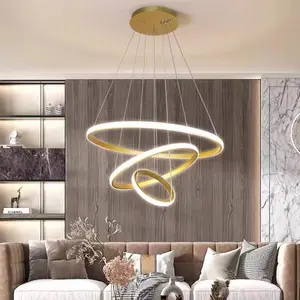 JACKSUN Modern Minimalist 3 Ring Acrylic Gold Luxury Round Led Chandelier Circle Line Pendant Lamp for Dining Living Bedroom