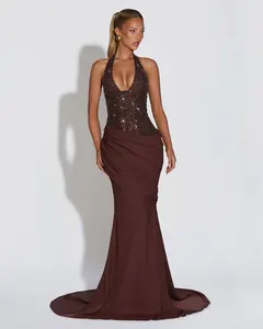 Customized Sequins Halter Back Lace-up Sexy Maxi Dress Women Gown Elegant Patchwork Sleeveless Bodycon Club Party Long Dress