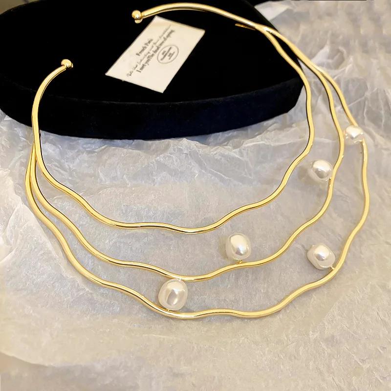 Wave Pearl Three Layer Collar European and American Cold Wind Exaggerated Design Sense Necklace