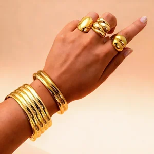 Ilona Tendy Smooth Wide Open Bangle and Ring Jewelry Set Stainless Steel Chunky 18k Gold Plated Cuff Bracelet Ring for Women's