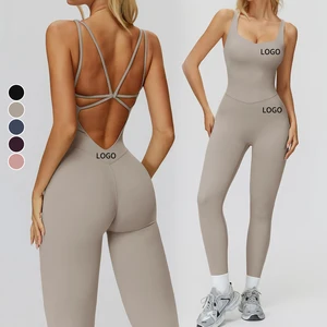 Best Quality Custom Sexy Backless Yoga Jumpsuit Solid Color Cross Back Sportswear Quick Drying Breathable Tight Workout Bodysuit