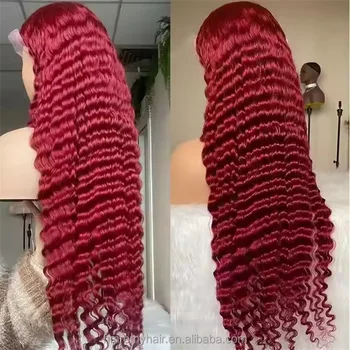 Wholesale Cambodian Virgin Human Hair Wig 99J Burgundy Red Long Curly Deep Wave Lace Front Glueless 99J Wig