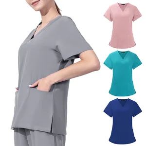Unisex Short-Sleeved Knitted Nurse Uniform Scrubs Top for Operating Room Stretch Fabric Four Season Use