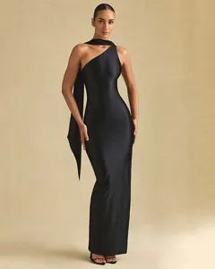 Elegant Elastic Satin Maxi Dress One Shoulder Slim Summer Sexy Bodycon Women's Club Party Evening Long Dress
