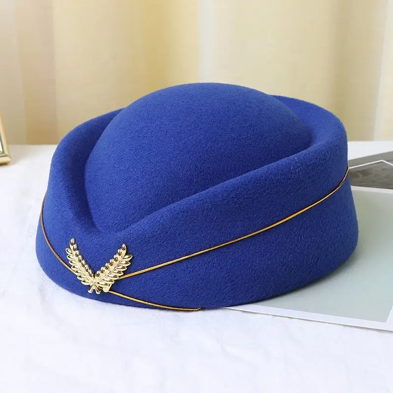 Stewardess Hat Air Hostess Hat Ladies Airline Uniform Hat Stewardess Beret Cap Plain High Quality OEM Blue Female
