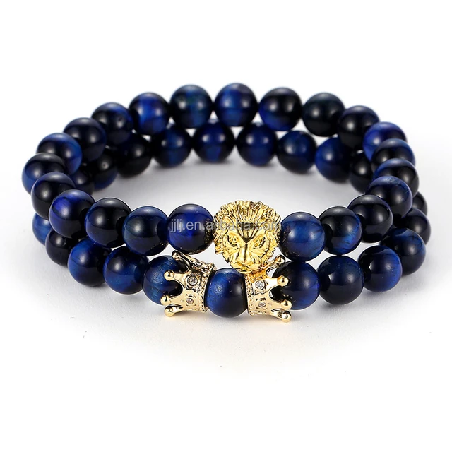 Blue tiger eye slightly inlaid lion head set bracelet, crystal therapeutic bead bracelet, semi-precious stone handicraft gifts.