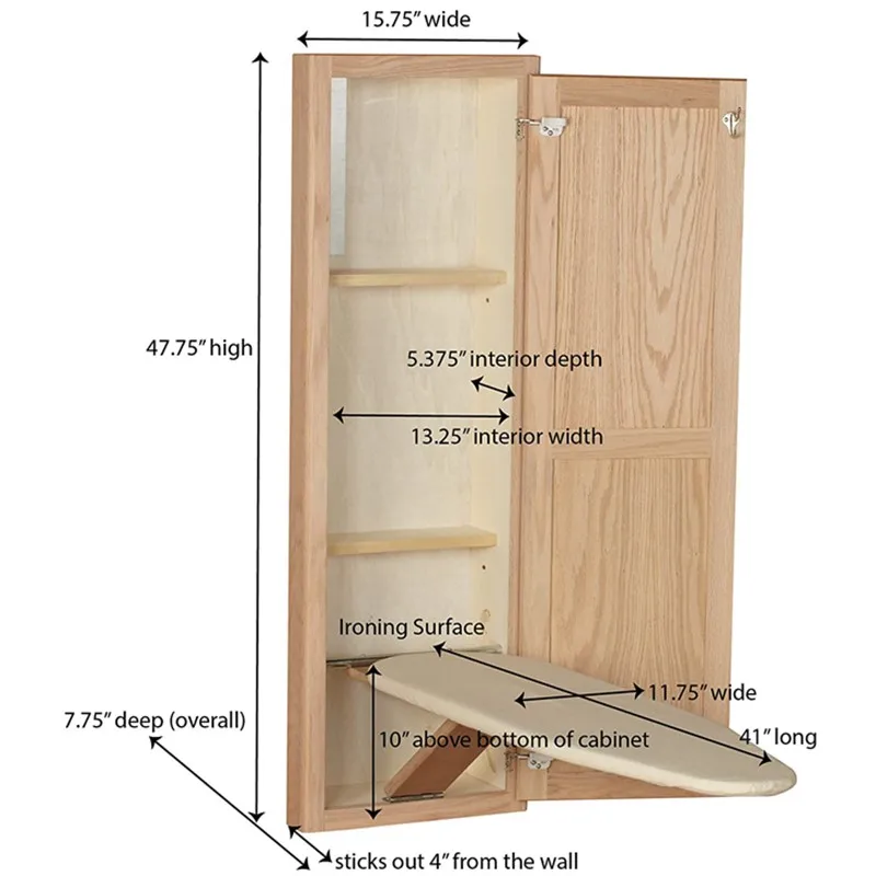 Ironing Board Oak Folding Tabletop Ironing Accessories Board Wooden Ironing Wall Mounted Cabinet with Storage Drawers