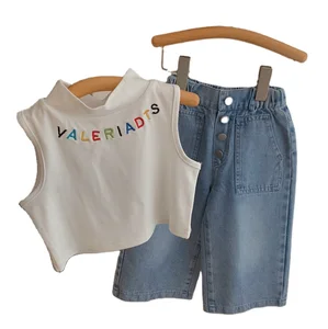 2026 Summer Children Fashion Clothes Wholesale Letter Embroidery Vest Wide Leg Denim Pants 2Pcs Kids Clothing Girls