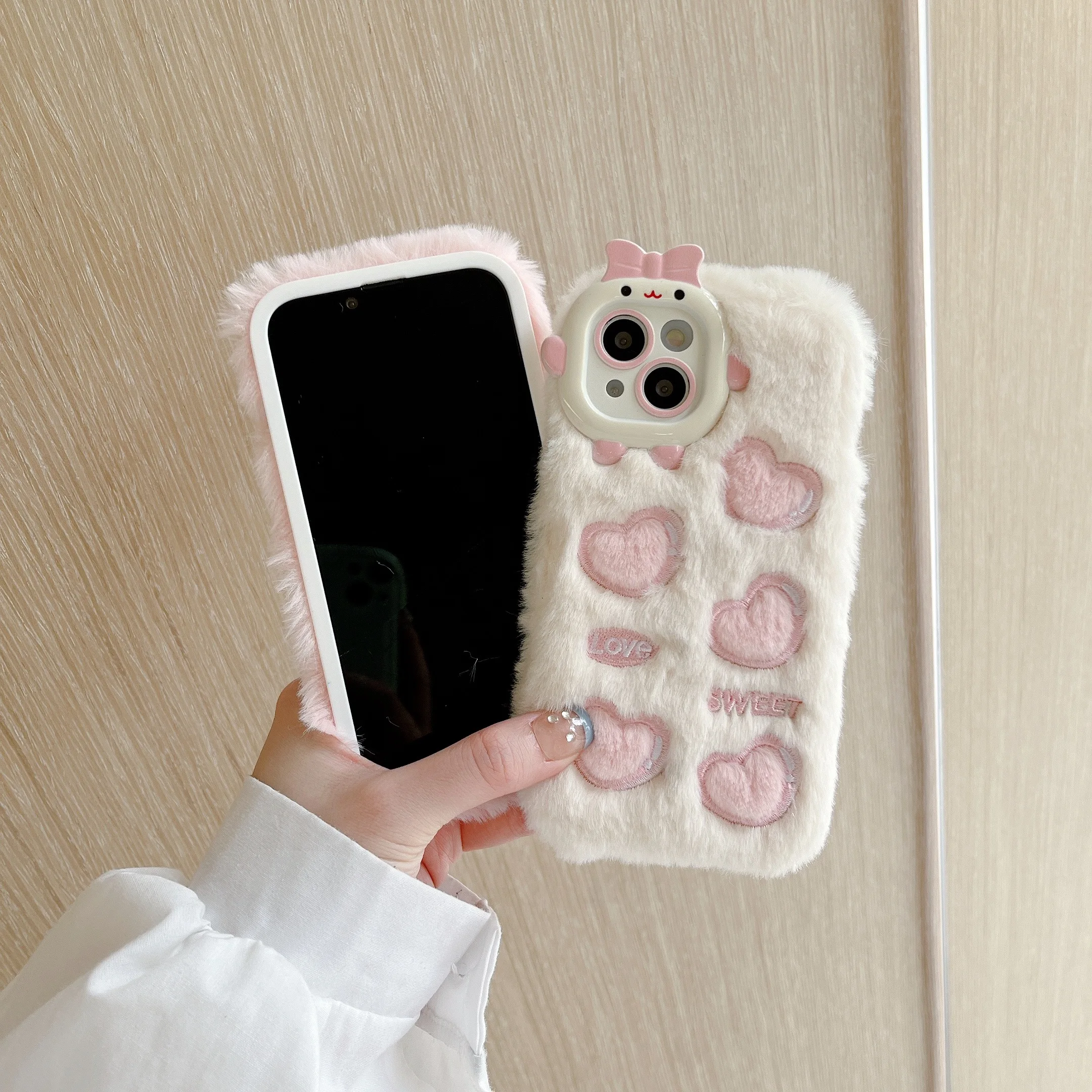 Fur Case With Love Heart Pink Cute Phone Cases for iPhone 11 12 13 Pro Max  14 Plus Plush Warm Back Cover for iPhone 14 Pro Max