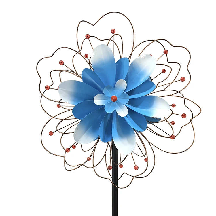 Blue Metal Sculpture Wind Spinner Improved 360 Degrees Swivel Yard Stakes Kinetic Wind Spinner Customized Color