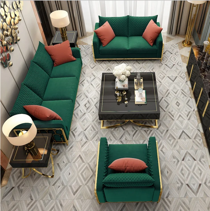 緑のベルベット生地布張りのリビングルームのソファセット豪華な金色の