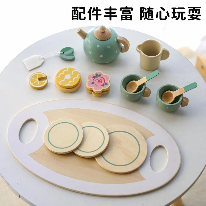 Educational Tea Cup Set Role Pretend Play Wooden Kitchen Toys Simulation  Afternoon Time Wooden Tea Set Toy for Girl Toddler