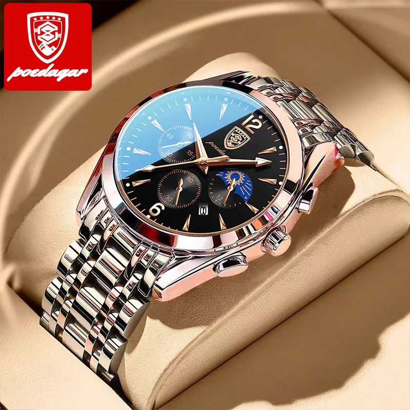 POEDAGAR 8298 Men Watches New Fashion Stainless Steel Date Waterproof Luminous Top Brand Luxury Korean Version Quartz Watch