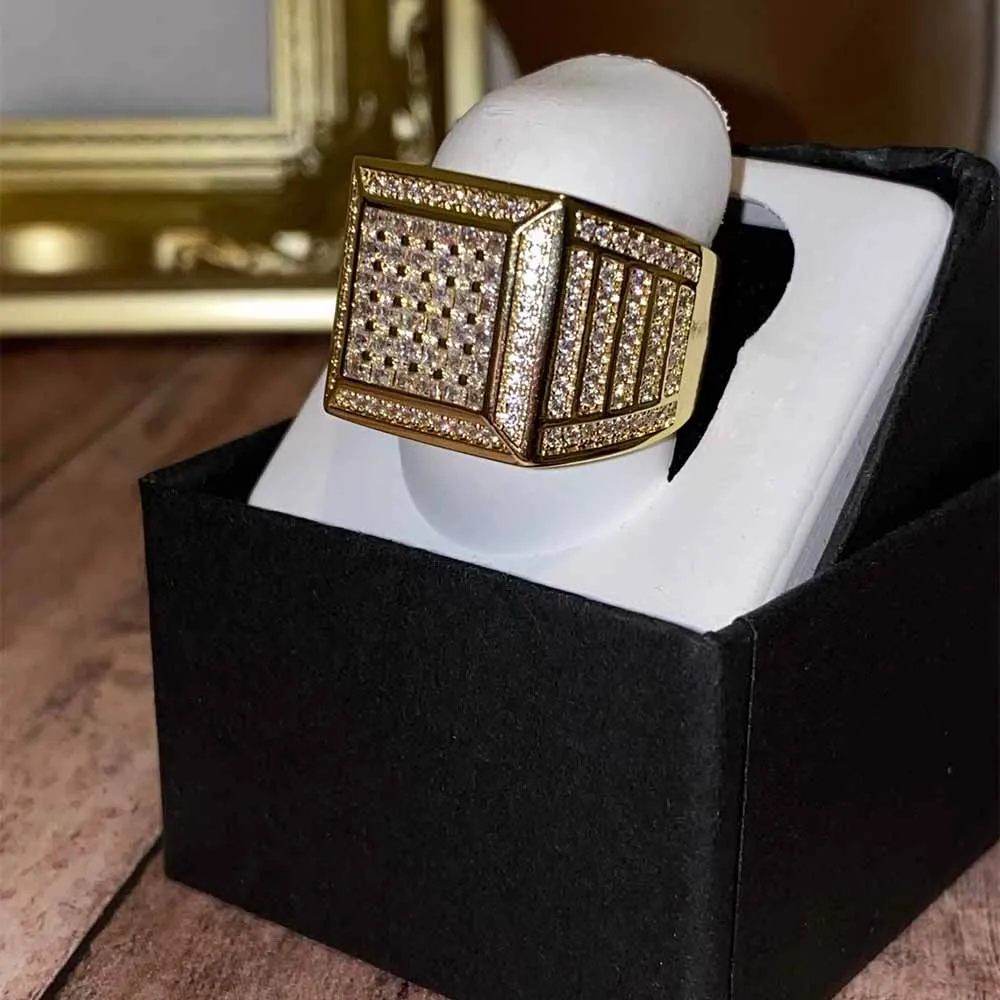 Men Jewelry Hip Hop 18k Gold Plated Iced Out Ring Cubic Zirconia Diamond Baguette Crystal Finger Rings