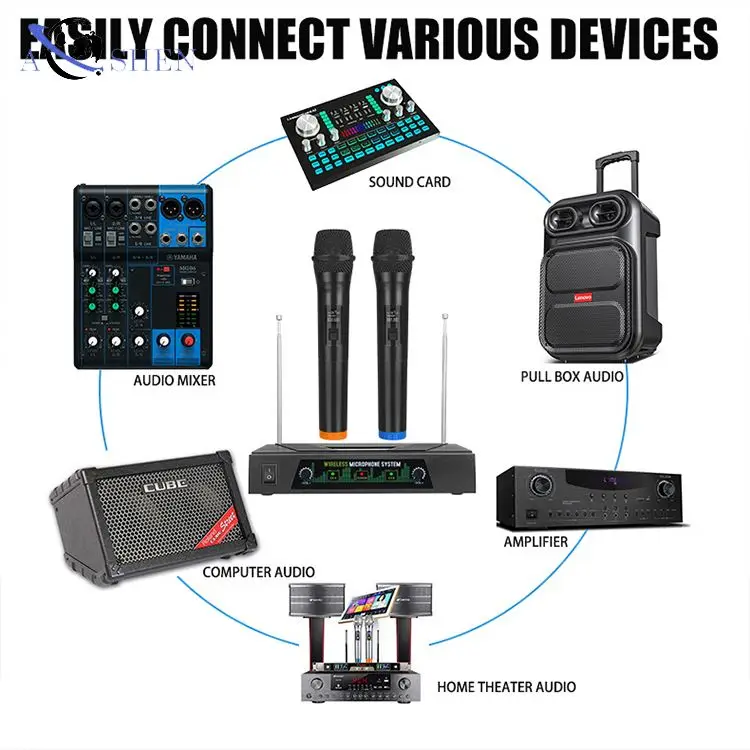 Factory Free OEM VHF 2 Channel  Wireless Microphone Handheld Mic Party Conference Recording Live Home KTV Portable Dual Channel
