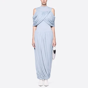 ZYHT 73844 Clothing Manufacturer Casual Fashion Pleated Draped Long Maxi Dress Designer Knitting Jersey Party Long Women Dresses