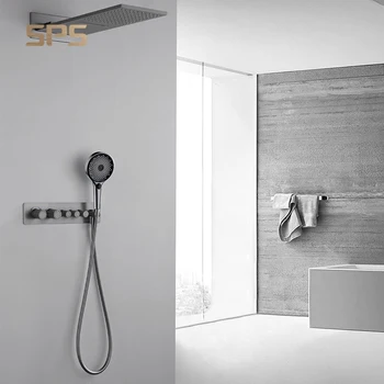 P5503-8 Hotel Use Bathroom Three Functions Wall Mounted Thermostatic Shower Faucet Set Rain Waterfall Shower Head Kit Set