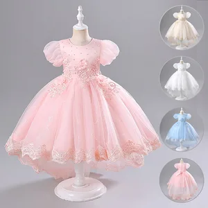 Girls' Summer Formal Dress with Lace Decoration Children's Princess Evening Performance Mesh Dress Clothes for Kids