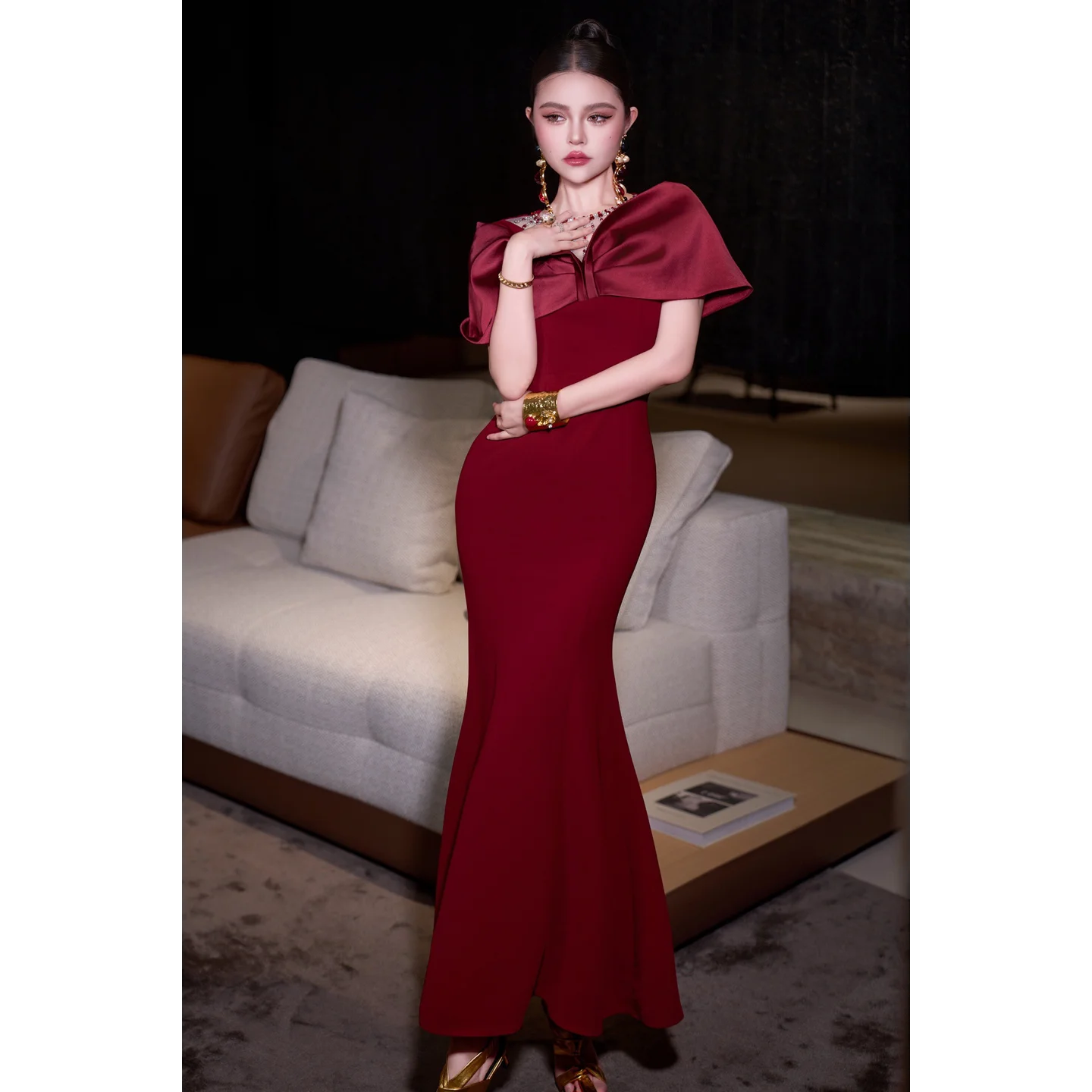 Elegant Fashionable Breathable Light-luxury High-end V-neck Slim Fit High Waist Polyester Fishtail Long Dress Women Red