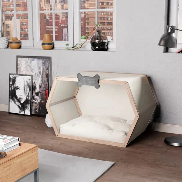 Natural Wooden Pet Furniture Solid Spruce Wood Dog House With Bed Pet