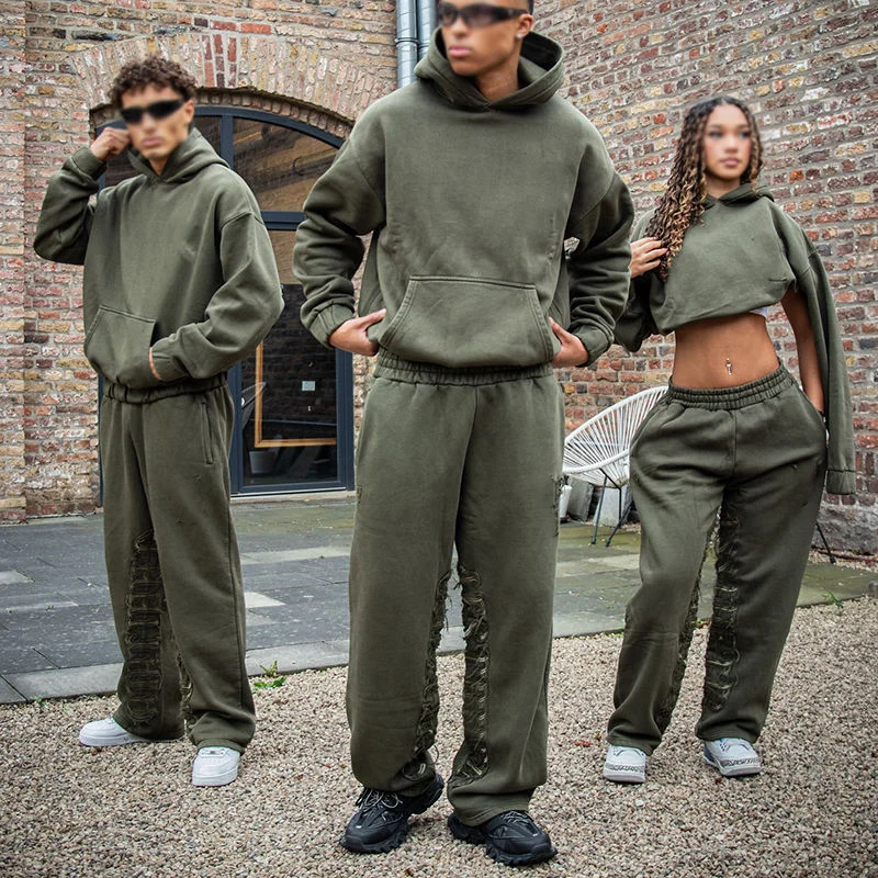 OEM Custom Embroidery Tracksuit Men and Woman Streetwear Plain Washed Pullover Hoodie and Sweatpants Set French Terry Sweatsuit gallery 5