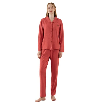 Manufacturer Wholesale Women's Knitted Pajamas Sleepwear Set Autumn Winter Nightwear Two Piece Pajama Set Women Red