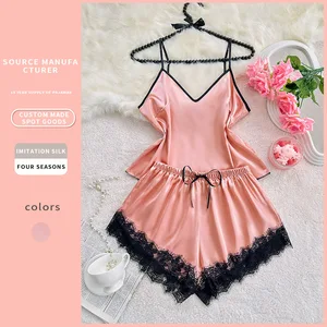 European American Fashion Simple Casual Pajamas Set Sexy Lace Cross-Border Two-Piece Camisole Cute Solid Satin Elastic Waist