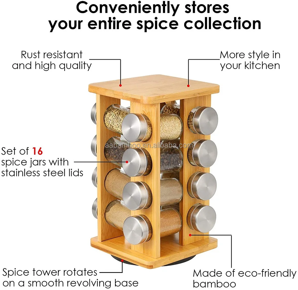 Eco-friendly Kitchen Bamboo Revolving Spice Rack with 16 Jars