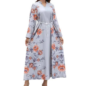 Middle East New Wholesale Printed Belt Muslim Women Robe Long Sleeve V-Neck Dress
