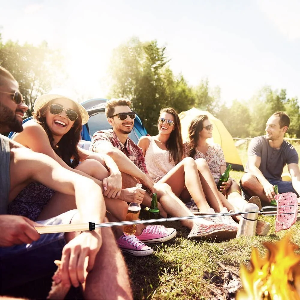 12 Forchette Da Barbecue Telescopiche In Acciaio Inox Con Manico In Legno – Spiedini Estensibili Da 32 A 82 Cm Per Griglia, Falò E Marshmallow – Set Con 100 Spiedini In Bambù - 3