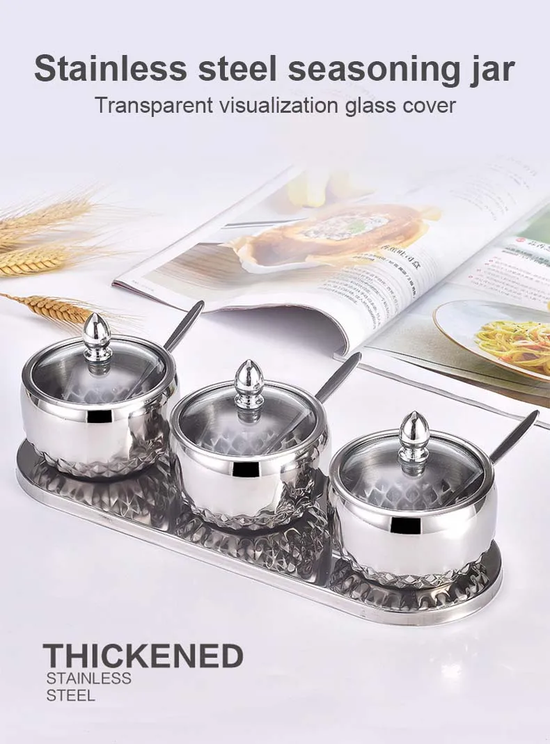 Eco-Friendly Stainless Steel Spice Jars Set with Tray Spoon Lids Small Empty Kitchen Storage Jar with Glass Lid Food Usage