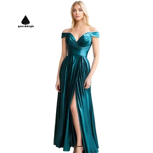 Customize Silk Satin Ladies Deep V Sexy Empire Waist Dress Elegant Women off Shoulder Party Maxi Slit Formal Evening Dresses