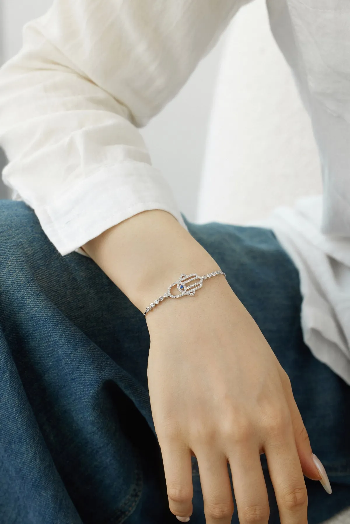 KAKODIY Matte 925 Sterling Silver Hollow Hamsa Bracelet Cubic Zirconia Tennis Amulet Bracelet Women's Accessories detail 3