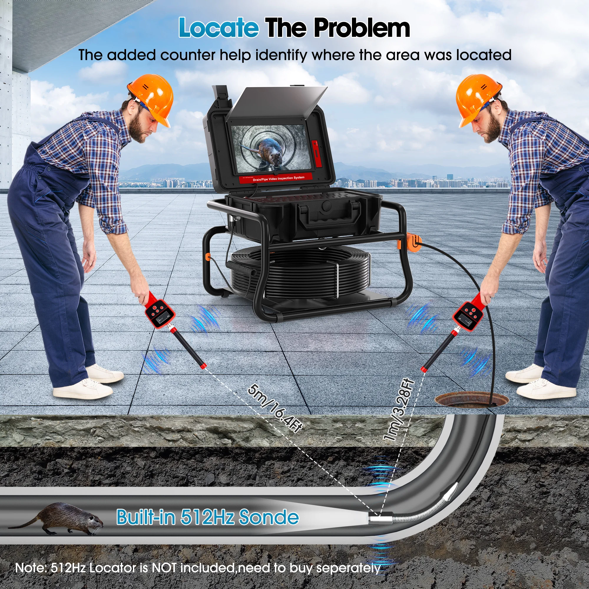 10.1Inch Touch Monitor 512HZ Transmitter  Sewer Drain Endoscope 16GB  Meter Counter Video Pipe Inspection Camera manufacture