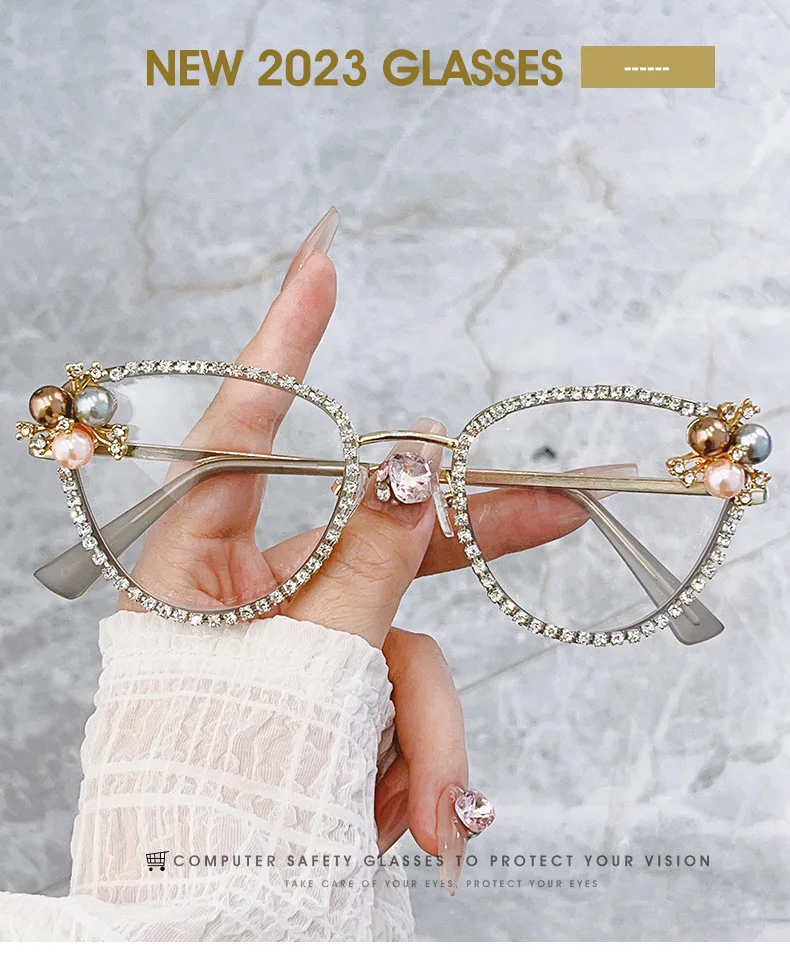 2024 Newest Cat Eye Anti Blue Light Luxury Diamond Glasses Wholesale