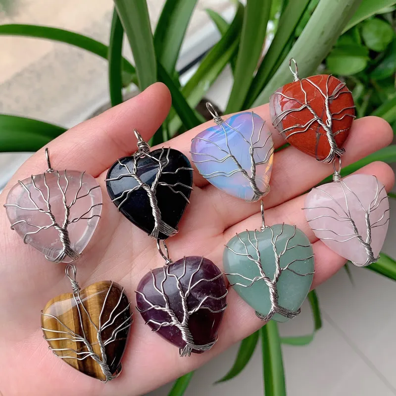 Silver Wire Wrap Tree of Life Natural Gemstone Crystal Heart Pendant for  Necklace Making