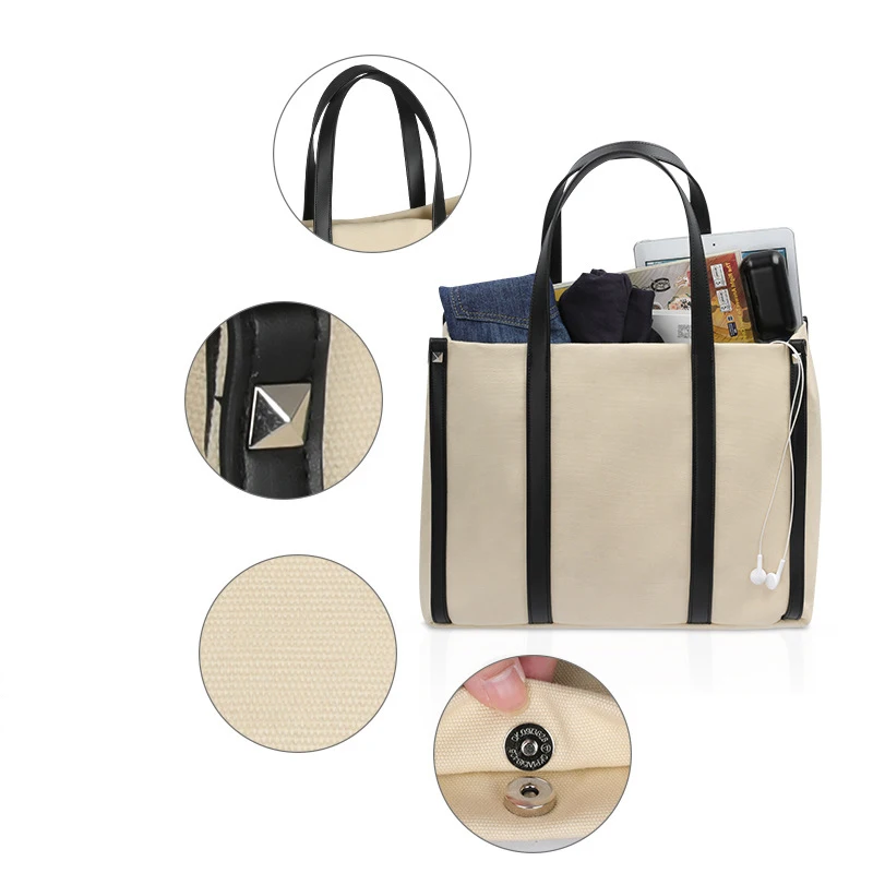 Large Durable Canvas Tote Bag with Leather Handle Shoulder Bag for Women Girls