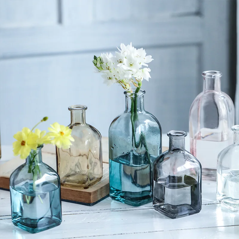 Colored Glass Vase for Home Decor Narrow-mouth Square Modern Blue Wedding Vase Glass
