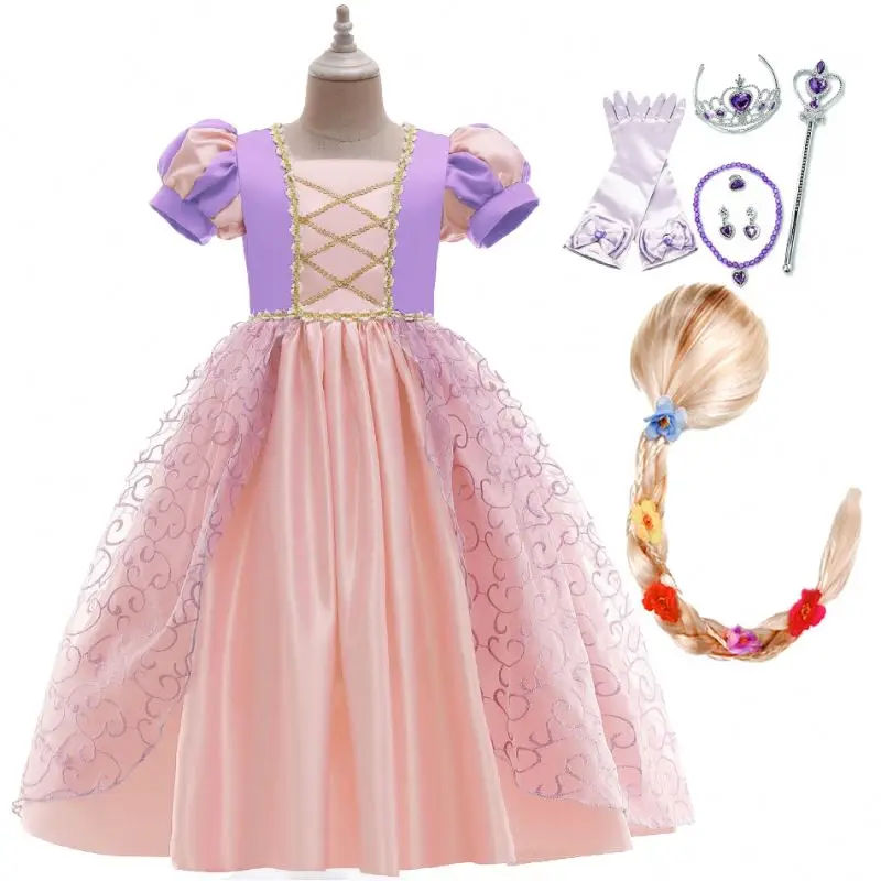 Disney Summer Princess Rapunzel Dress Girls Cotton Casual Long Cosplay  Cinderella Frozen Belle Aurora Dress Elsa Anna 2-10 Years 
