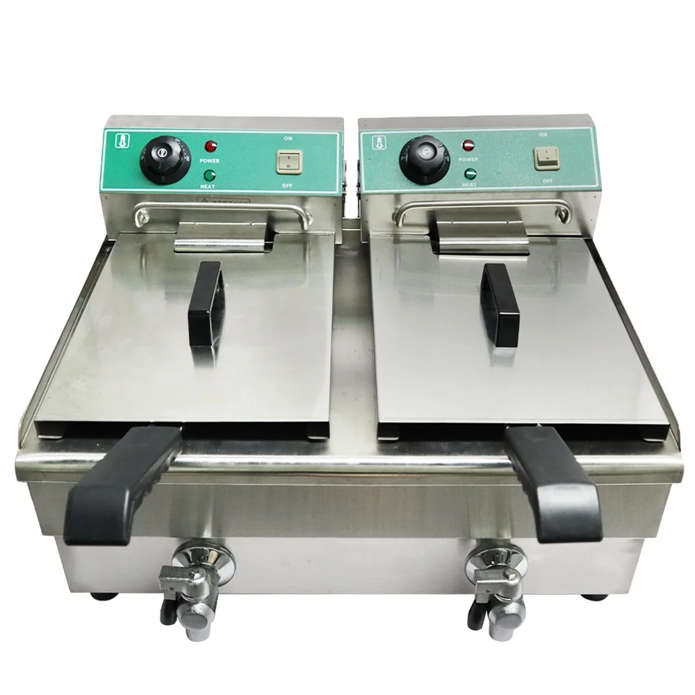 Double Tanks Stainless Steel  Deep Fryer with oil valve Commercial Chicken Chips Deep Fryer