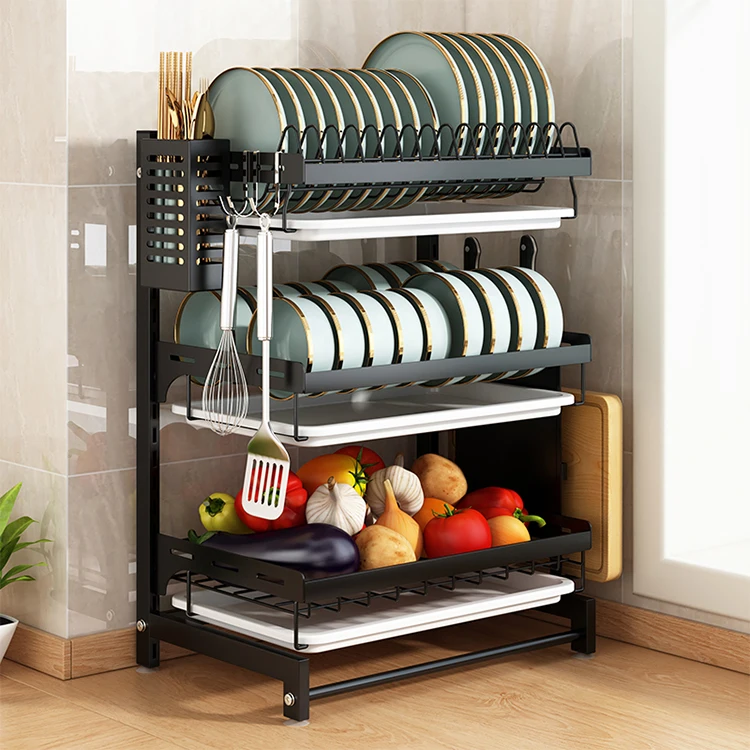 3 Tier Hanging Dish Drying Rack Wall Mount Organizer, Steel