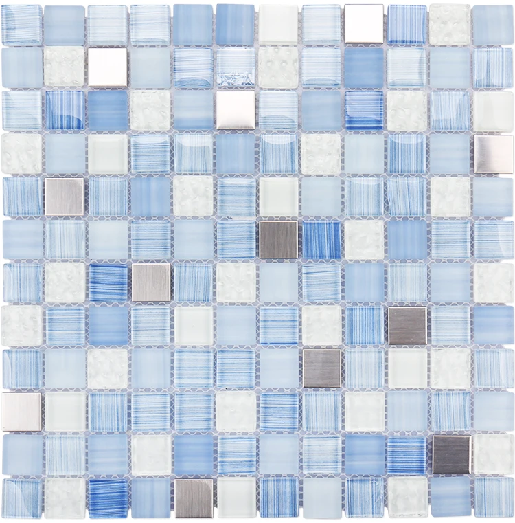 Cheap price mosaico square white blue brushed glass stainless steel bathroom tiles wall mosaics