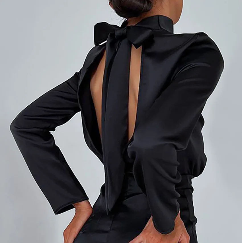 French Satin a Line Polyester Spandex Bow Black Solid Color Elegant Ladies  Long Sleeve Backless Dress
