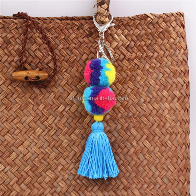 Boho Handmade Colorful Pom Pom Tassel Knotted Keychain Summer Beach Bag ...