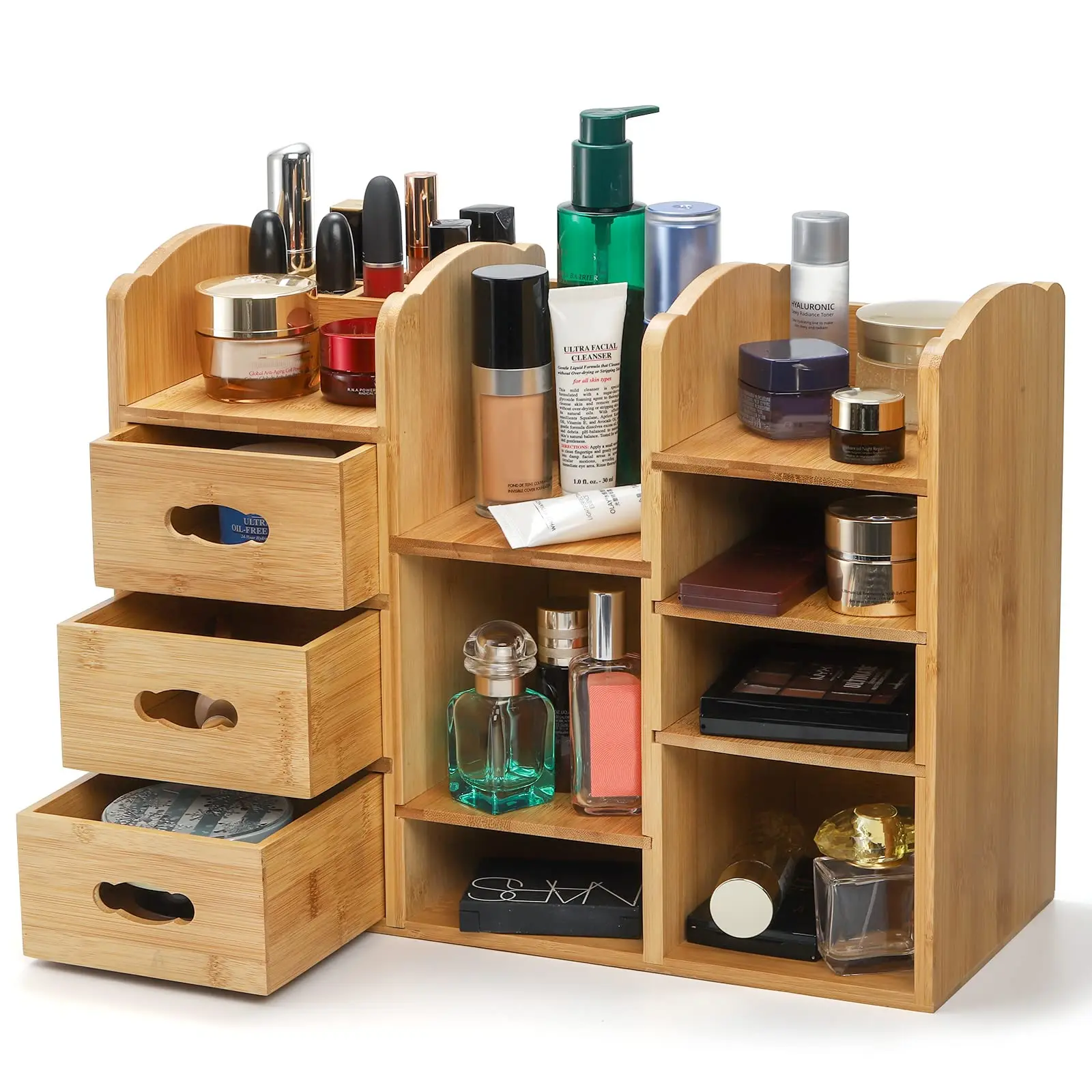 Bamboo Makeup Cosmetics Organizer with Drawers Multifunctional Dresser Top  Makeup Storage Tabletop Organizer Shelf for Desktop