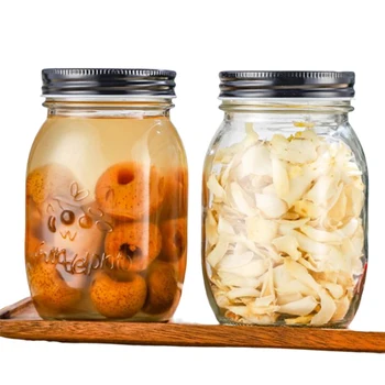 Wholesale wide mouth glass food jars with lids 16 oz empty 300ml 500ml 1000ml clear storage round jars for food Mason jar
