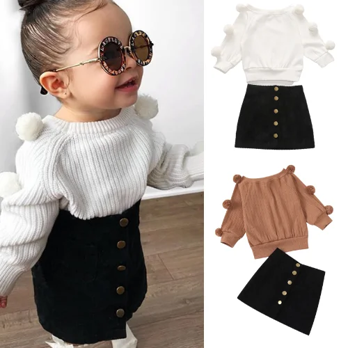 Trendy Girl Pieces Skirt Outfits Knitted Pom Pom Sweater Tops Mini Skirts  Dress Fall Winter Clothes Christmas Baby Bodysuit